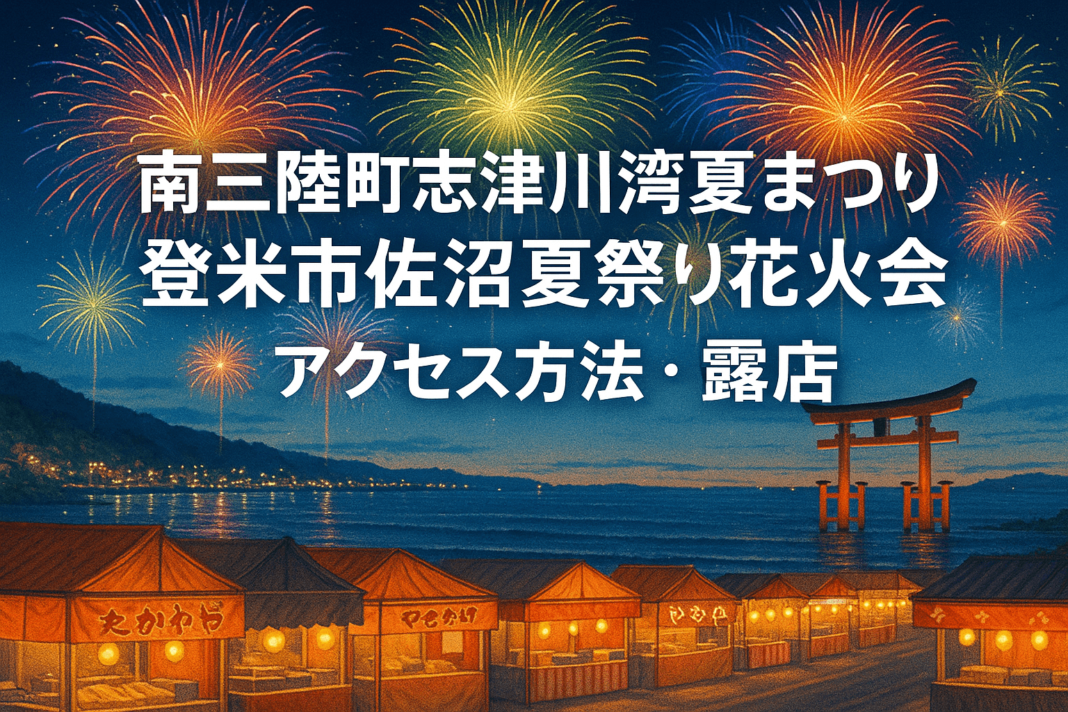 南三陸町志津川湾夏まつり（7月26日）と登米市佐沼夏祭り花火大会（7月27日）のアクセス方法、駐車場、露店＆地元グルメ情報、周辺観光スポットをまとめた完全ガイド。