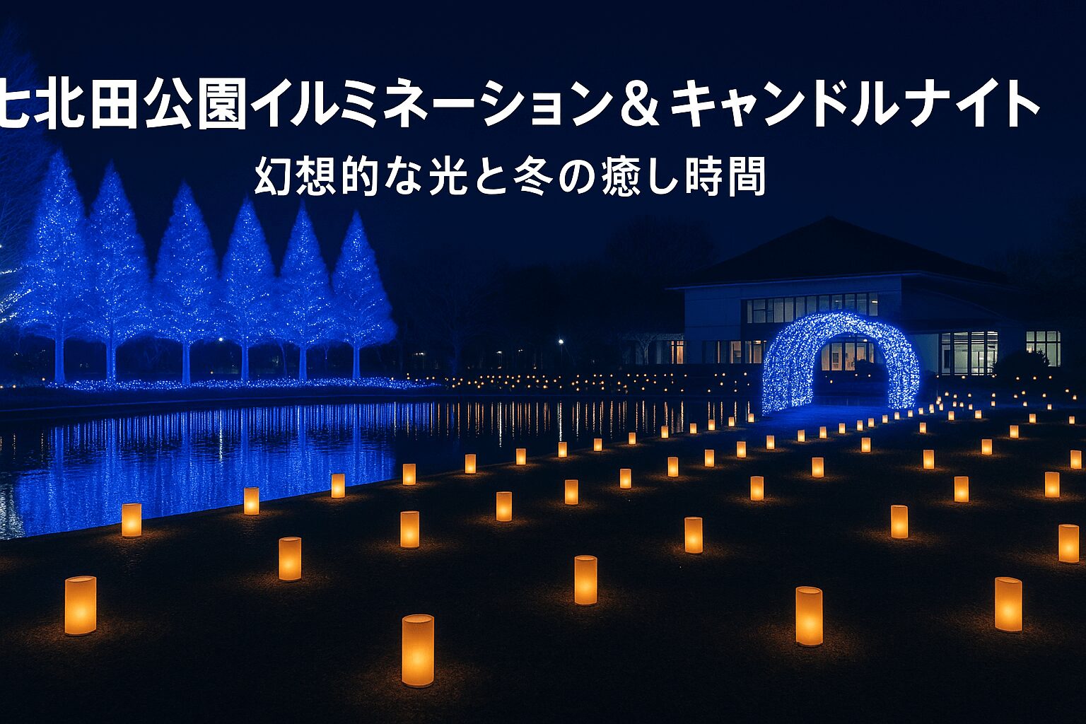 七北田公園イルミネーション＆キャンドルナイト2025が12月6日～25日に開催。青・白・橙の光が織りなす幻想的な空間と、カスヴィカフェの特別メニューで冬の夜を満喫しよう。アクセス・見どころを詳しく紹介。
