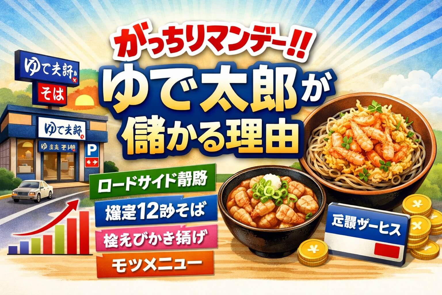 全国そばチェーン「ゆで太郎」の儲かる理由をがっちりマンデー‼放送内容をもとに徹底解説。ロードサイド戦略、独自メニュー、定額サービスの秘密を紹介します。
