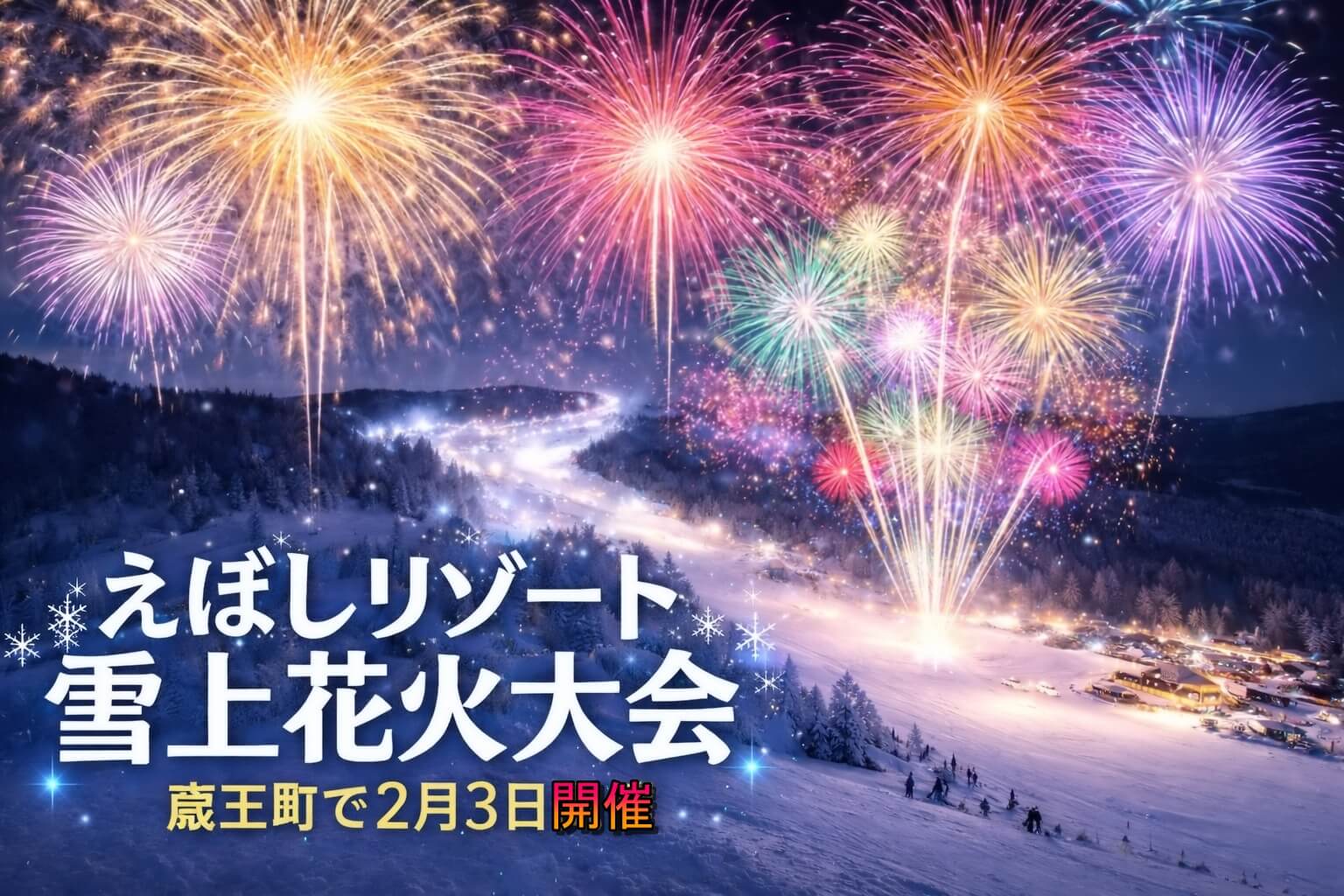 冬の蔵王町で楽しむ雪上花火大会2024。えぼしリゾートで1,000発の花火と温泉・グルメも満喫！アクセスや持ち物のコツも紹介。