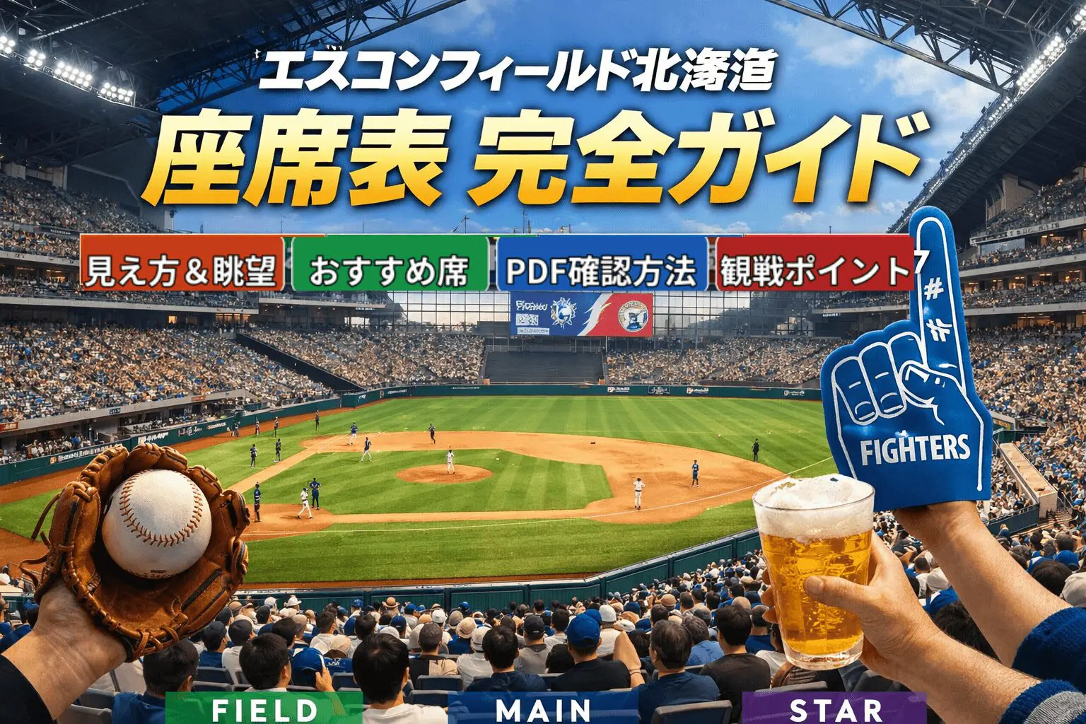 エスコンフィールド座席表の見方を初心者にもわかりやすく解説。FIELD・MAIN・STARの違い、見え方、価格帯、おすすめ席、PDF確認方法、家族連れや応援向けの選び方まで詳しくまとめた観戦ガイドです。