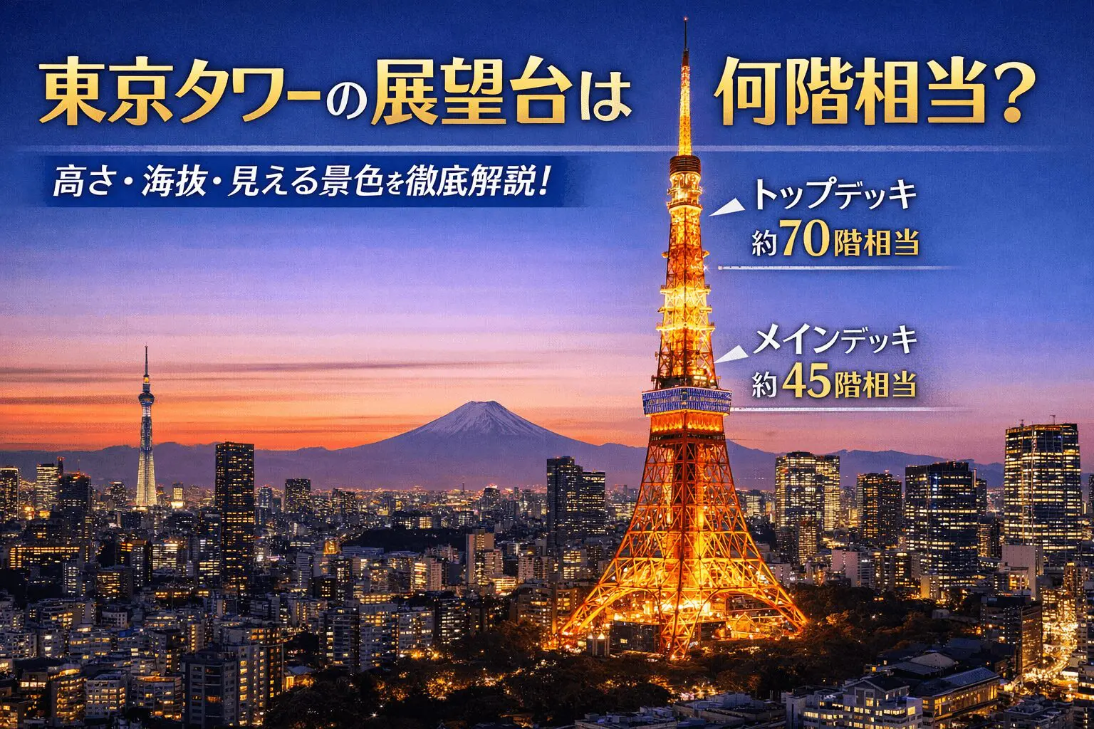 東京タワーの展望台は何階相当なのかを、高さ333m・海抜・メインデッキとトップデッキの違いからわかりやすく解説。見える景色、料金、混雑回避、撮影のコツまで、初めてでも迷わない情報をまとめた記事です。