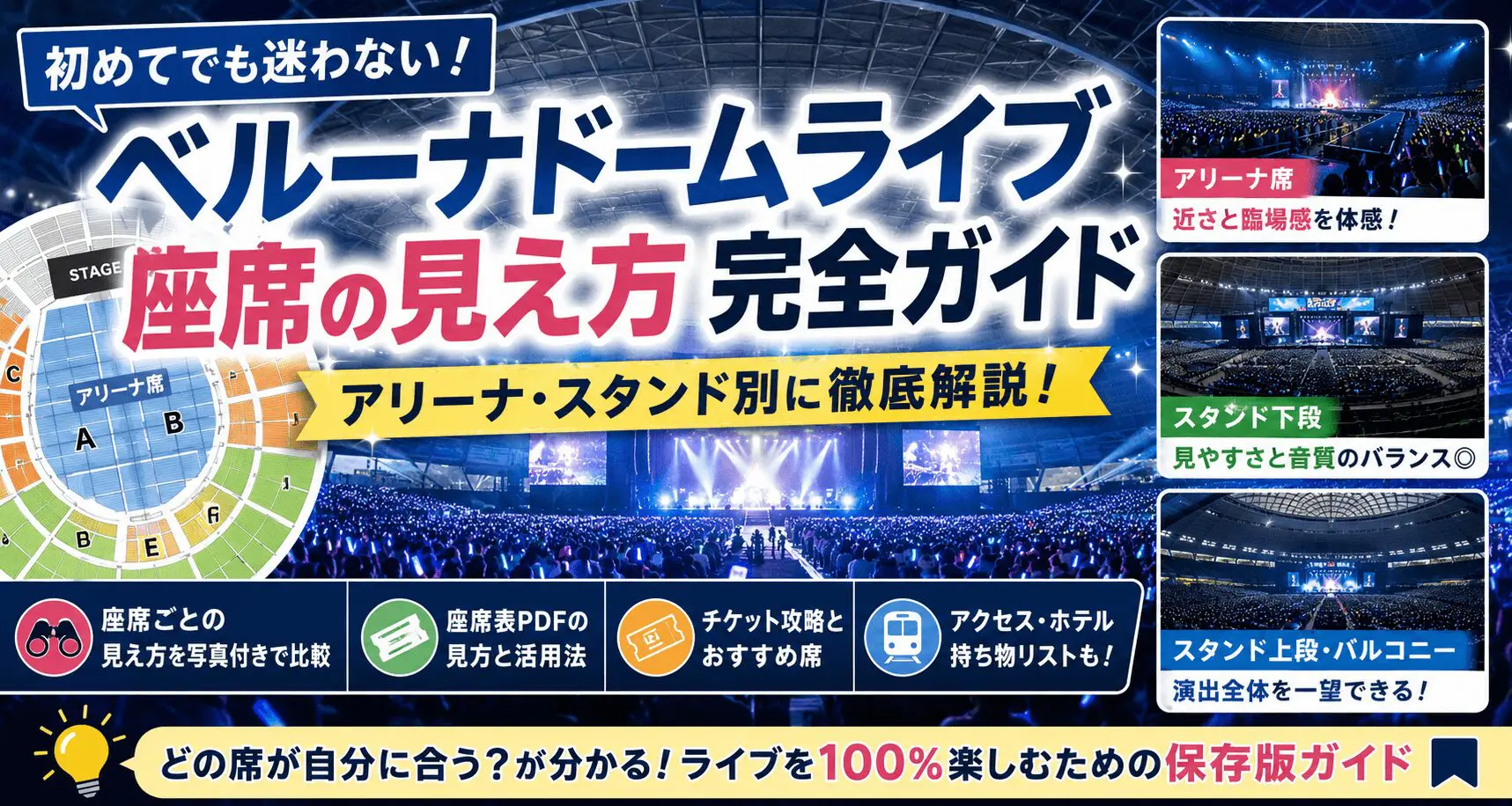 ベルーナドームライブの座席の見え方をアリーナ・スタンド・1塁側・3塁側別に徹底解説。座席表PDFの見方やおすすめ席、双眼鏡の選び方、チケット攻略、アクセス、ホテル、持ち物まで網羅。初めてのライブ参加でも後悔しない座席選びのポイントが分かる完全ガイドです。