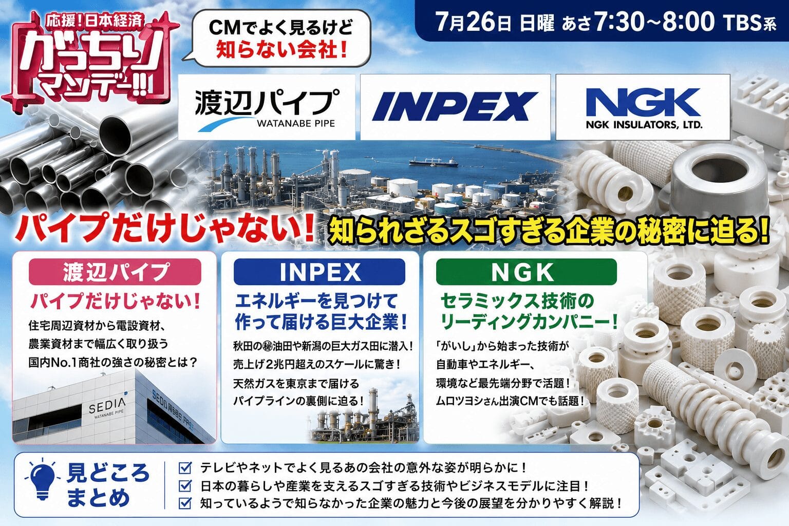 がっちりマンデー7月26日(日)は渡辺パイプ・INPEX・NGK特集!