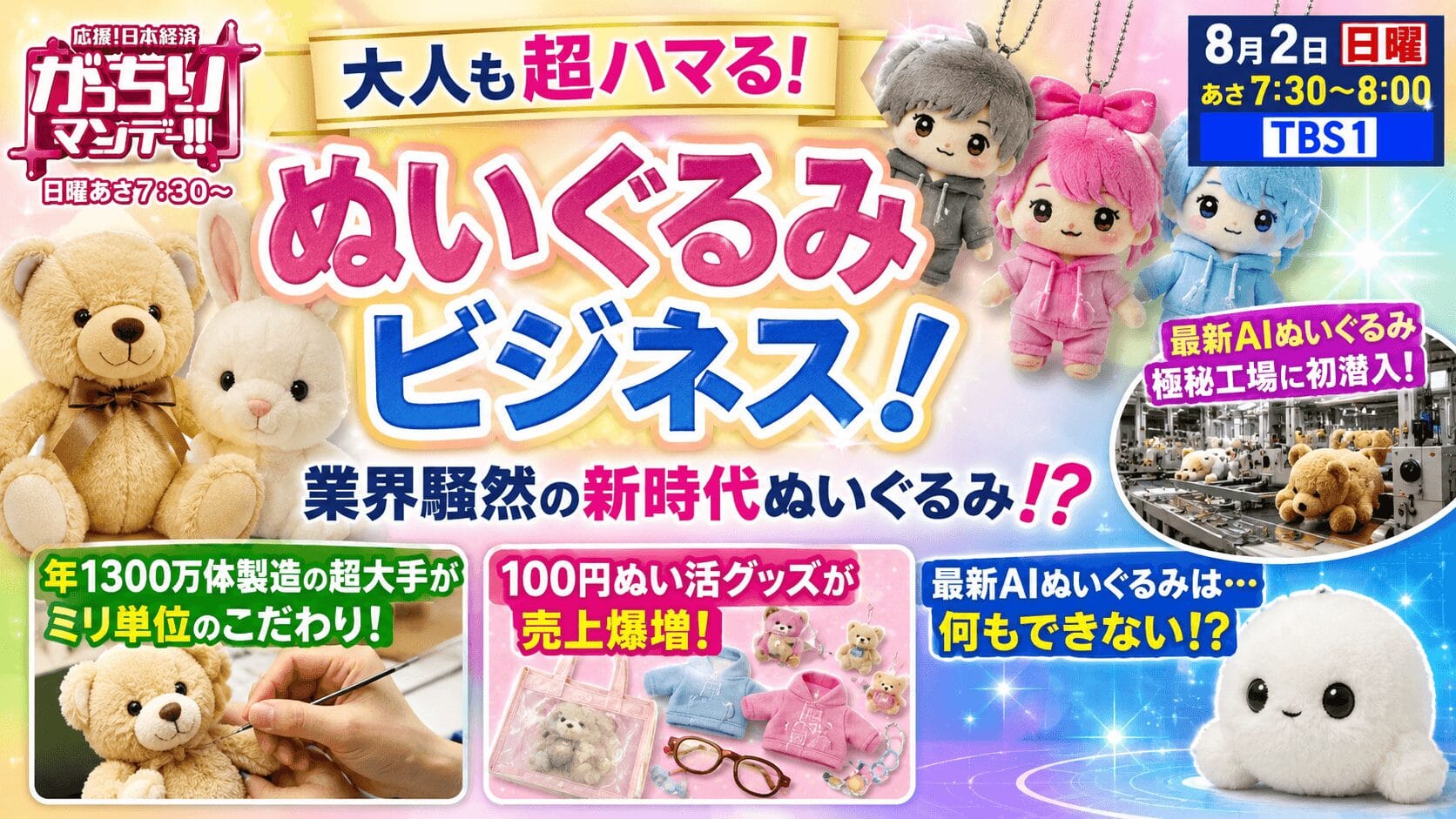 2026年8月2日放送『がっちりマンデー!!』で特集される「ぬいぐるみビジネス」を徹底解説。年間1,300万体を製造する大手メーカーのものづくり、話題のぬい活グッズ、100円ショップのヒット商品、最新AIぬいぐるみの魅力や市場拡大の理由を分かりやすく紹介します。